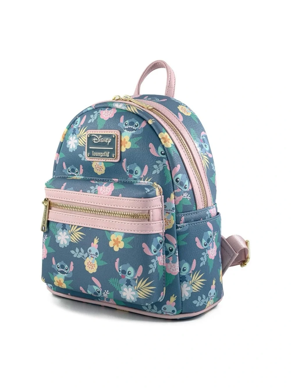 Loungefly Blue Floral Stitch Mini Backpack with Pink Trim